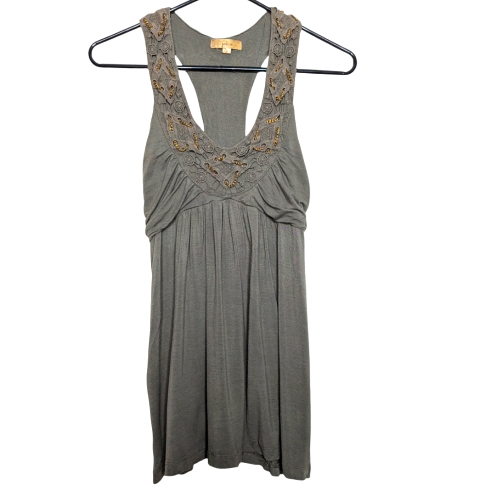 Jaloux Boho Hippie Forest Green Flowy Tank Top with Gold Chain Accent Size Small
